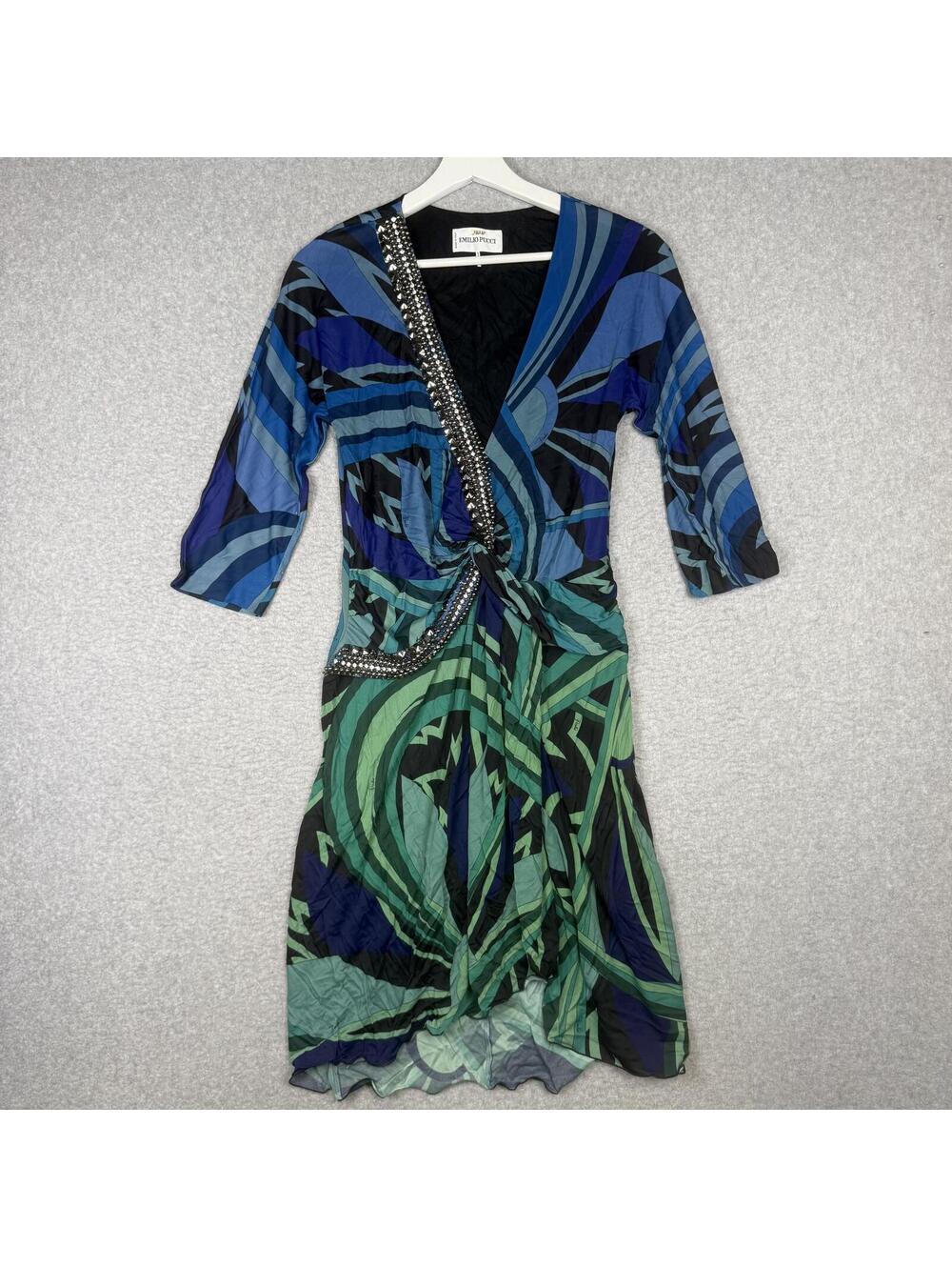 Emilio Pucci Printed Beaded Jersey Dress - Blue & Green Abstract Print Women's S